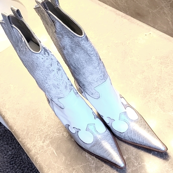 PARA RAIO Genuine Leather Western Silver & White Cowgirl Boots, Sz 9 - Picture 10 of 16